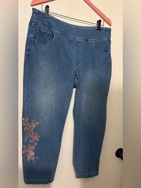 Belle by Kim Gravel blue denim capris jeans with stunning embroidery 16
